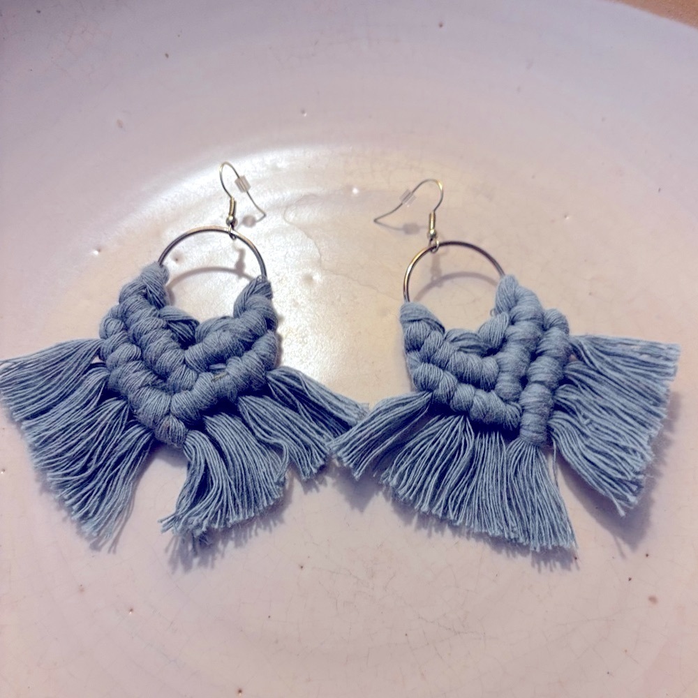 Chic Blue Macramé Tassel Hoop Earrings